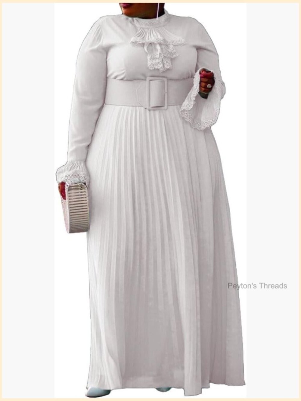 Plus Size Floor-Length Pleated Maxi Dress with Belt Long Sleeve